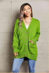 Double Take Ribbed Trim Dropped Shoulder Pocketed Cardigan Green / S