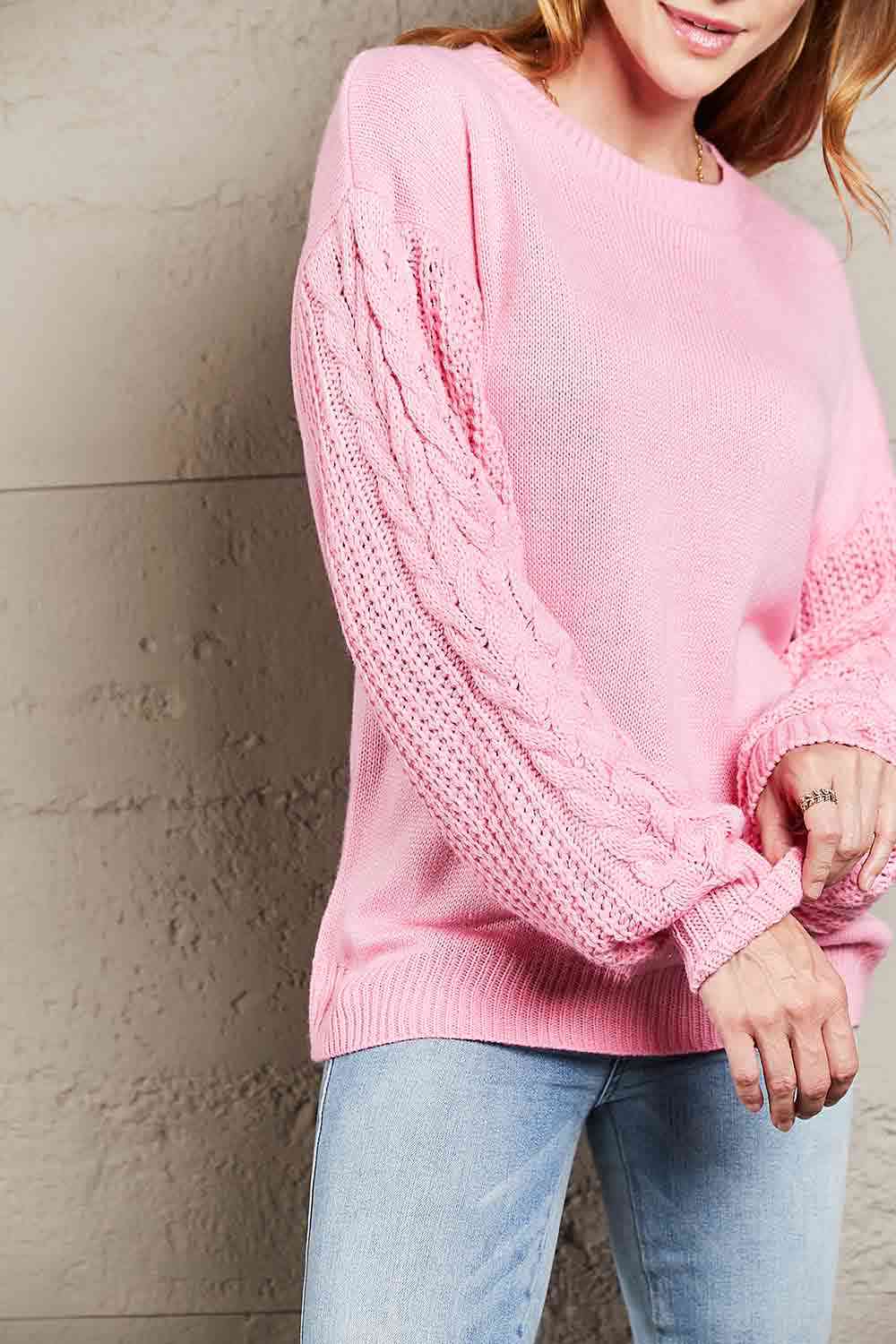 Double Take Round Neck Cable-Knit Dropped Shoulder Sweater