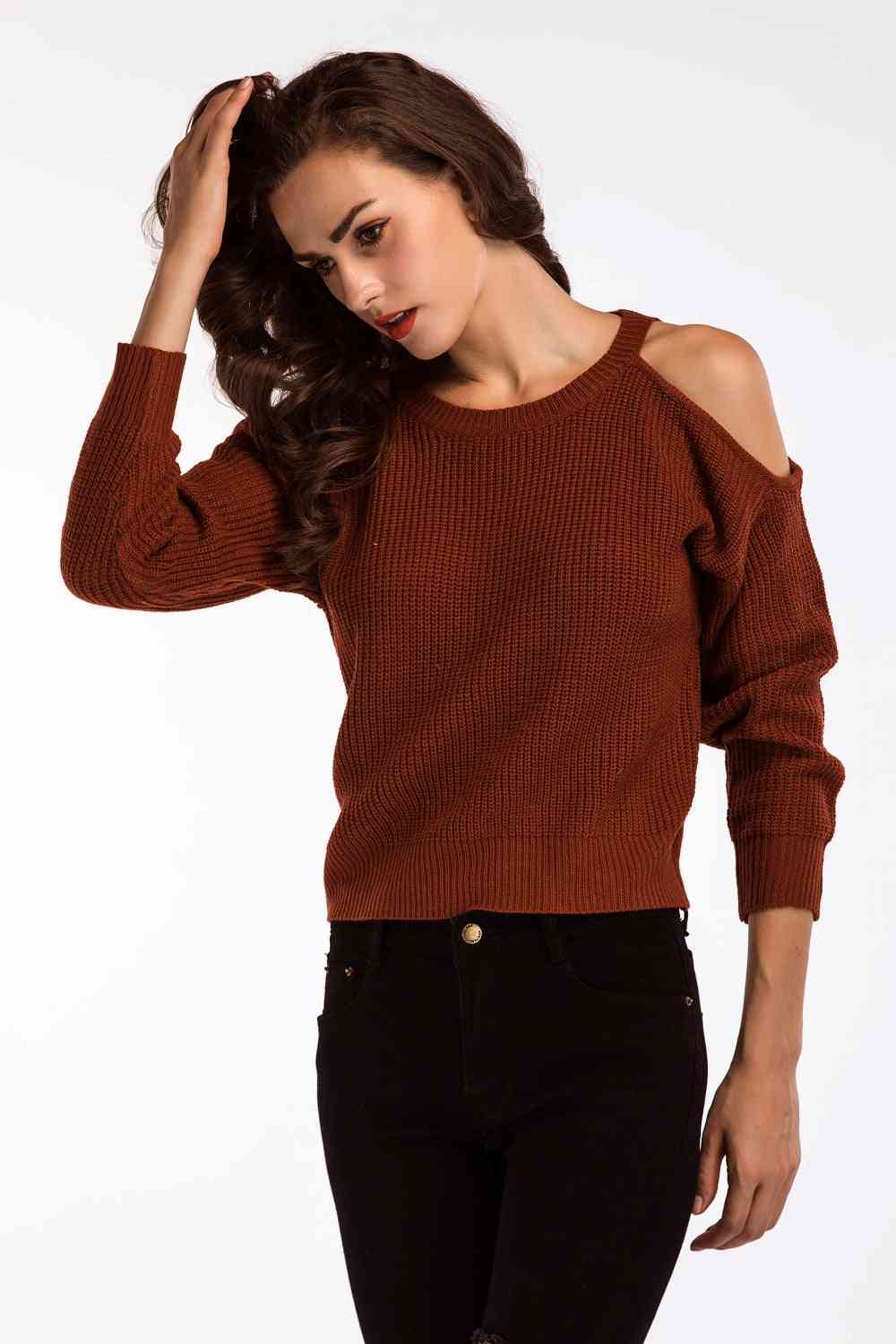 Double Take Round Neck Cold-Shoulder Ribbed Sweater Brick Red / One Size