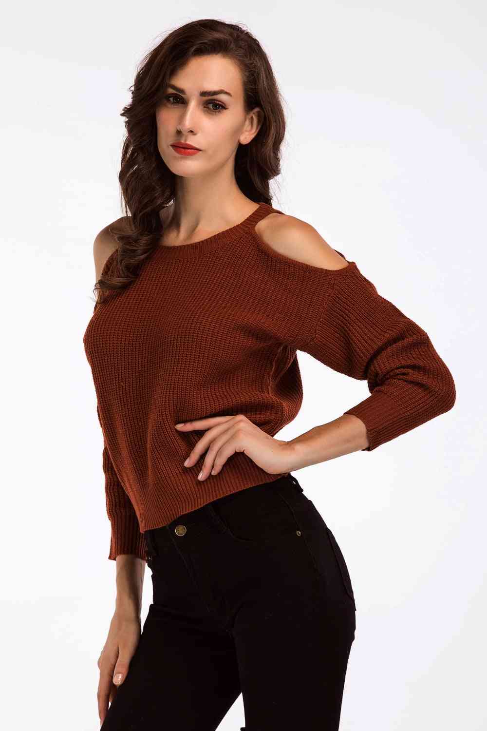 Double Take Round Neck Cold-Shoulder Ribbed Sweater Brick Red / One Size