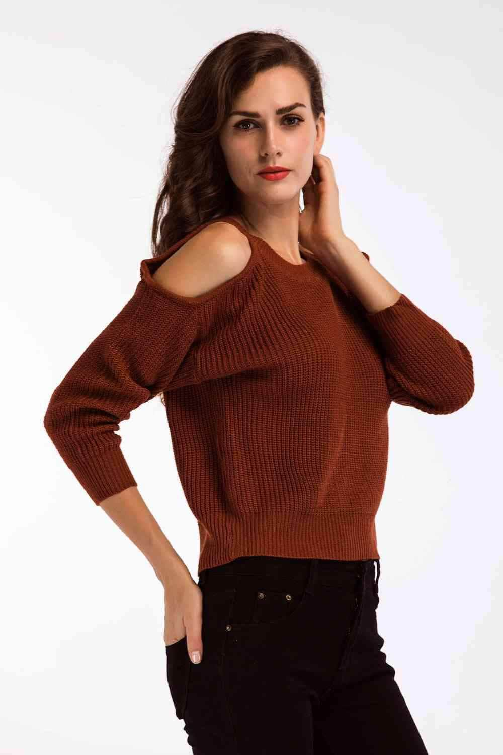 Double Take Round Neck Cold-Shoulder Ribbed Sweater Brick Red / One Size