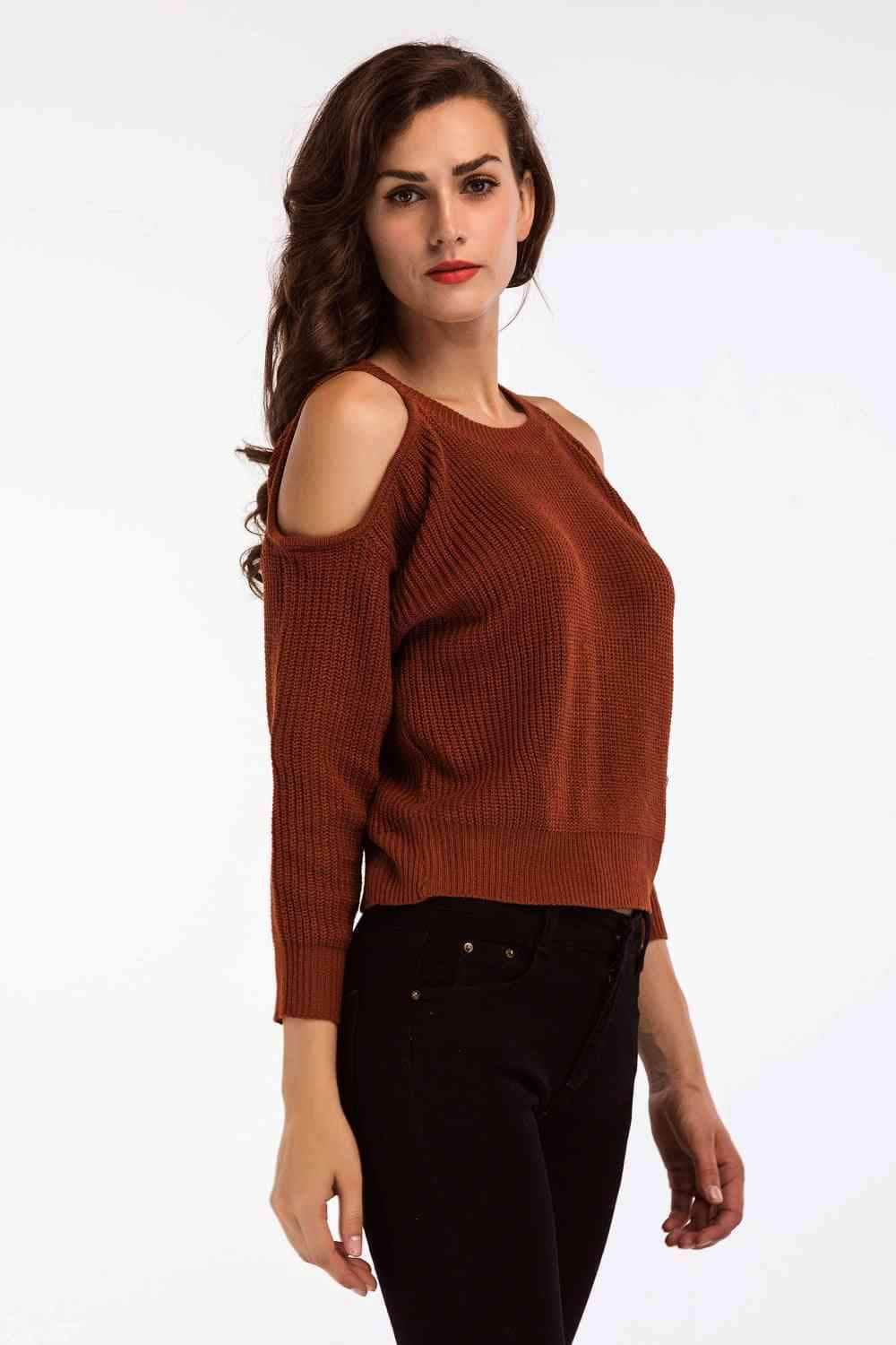 Double Take Round Neck Cold-Shoulder Ribbed Sweater Brick Red / One Size