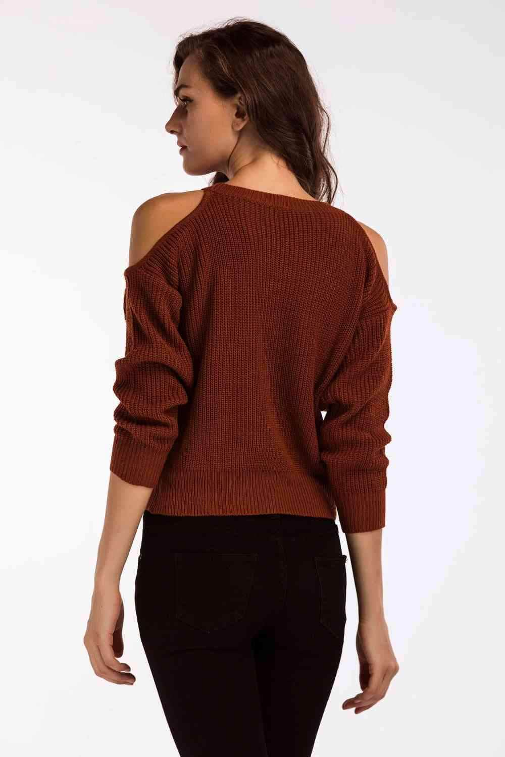 Double Take Round Neck Cold-Shoulder Ribbed Sweater Brick Red / One Size