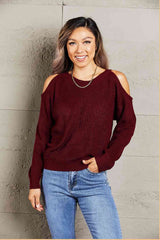 Double Take Round Neck Cold-Shoulder Ribbed Sweater Brick Red / One Size