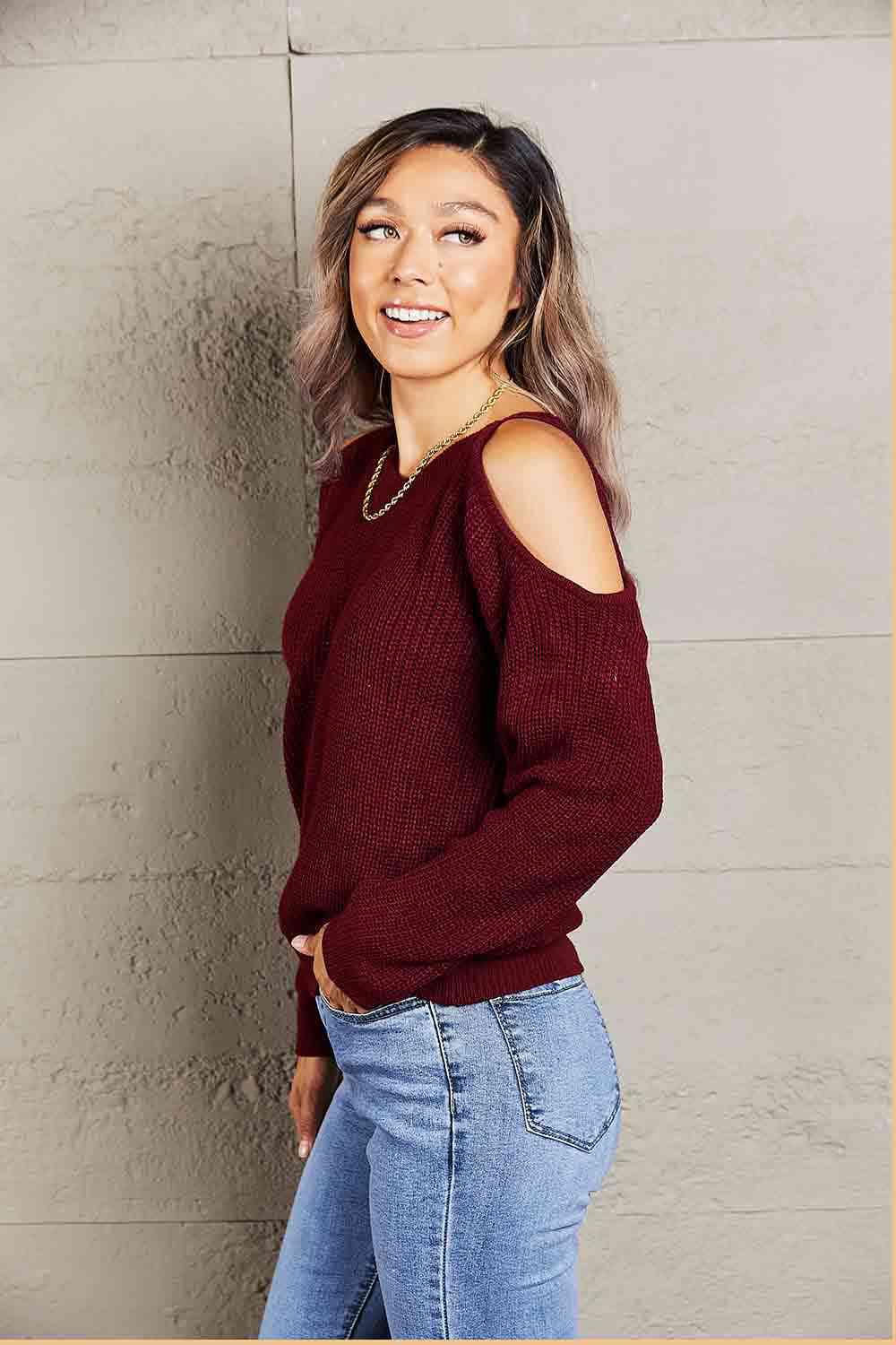 Double Take Round Neck Cold-Shoulder Ribbed Sweater Brick Red / One Size