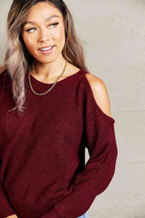 Double Take Round Neck Cold-Shoulder Ribbed Sweater Brick Red / One Size