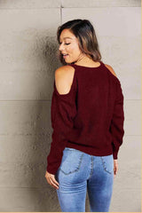 Double Take Round Neck Cold-Shoulder Ribbed Sweater Brick Red / One Size