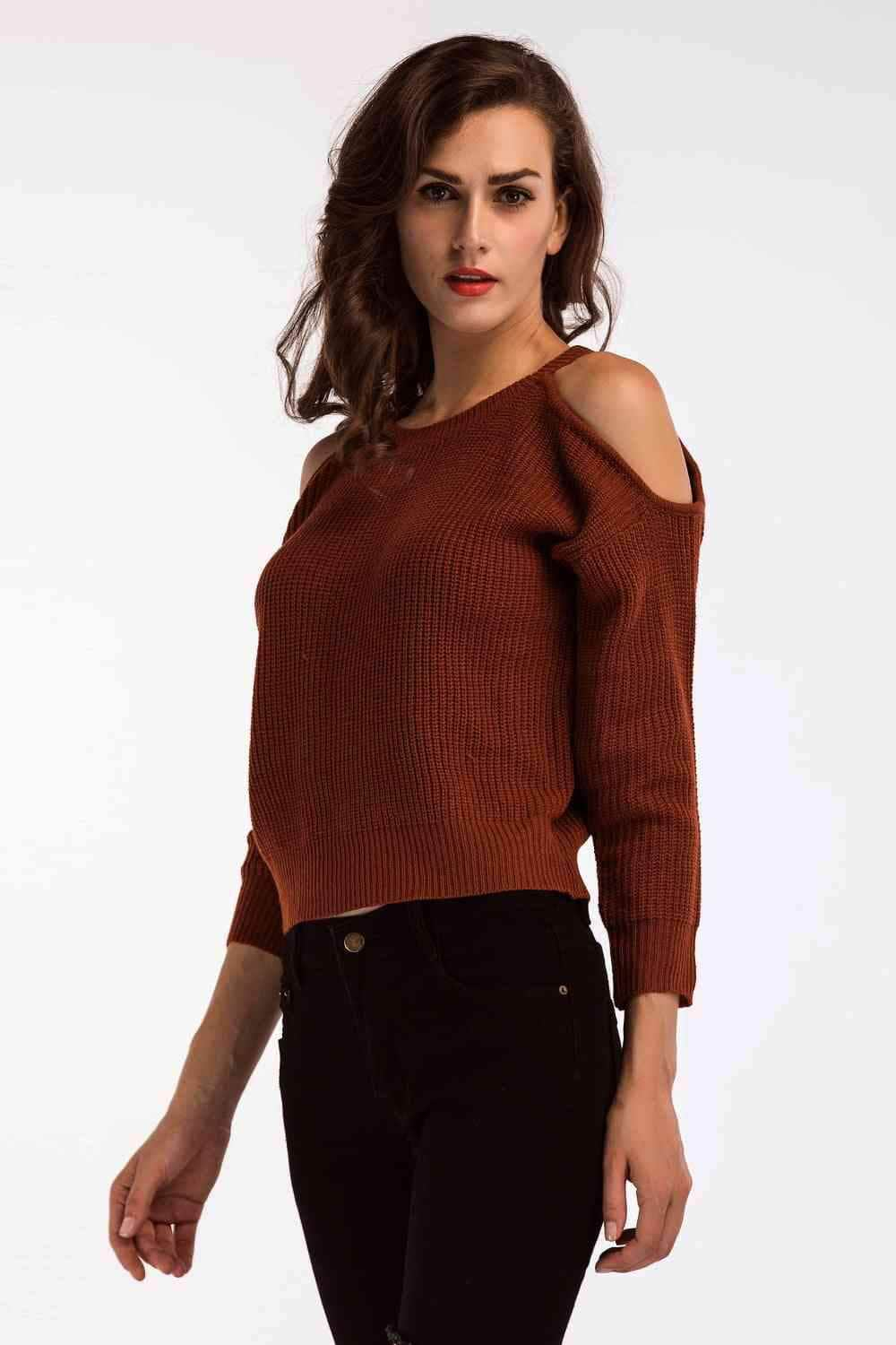 Double Take Round Neck Cold-Shoulder Ribbed Sweater Brick Red / One Size