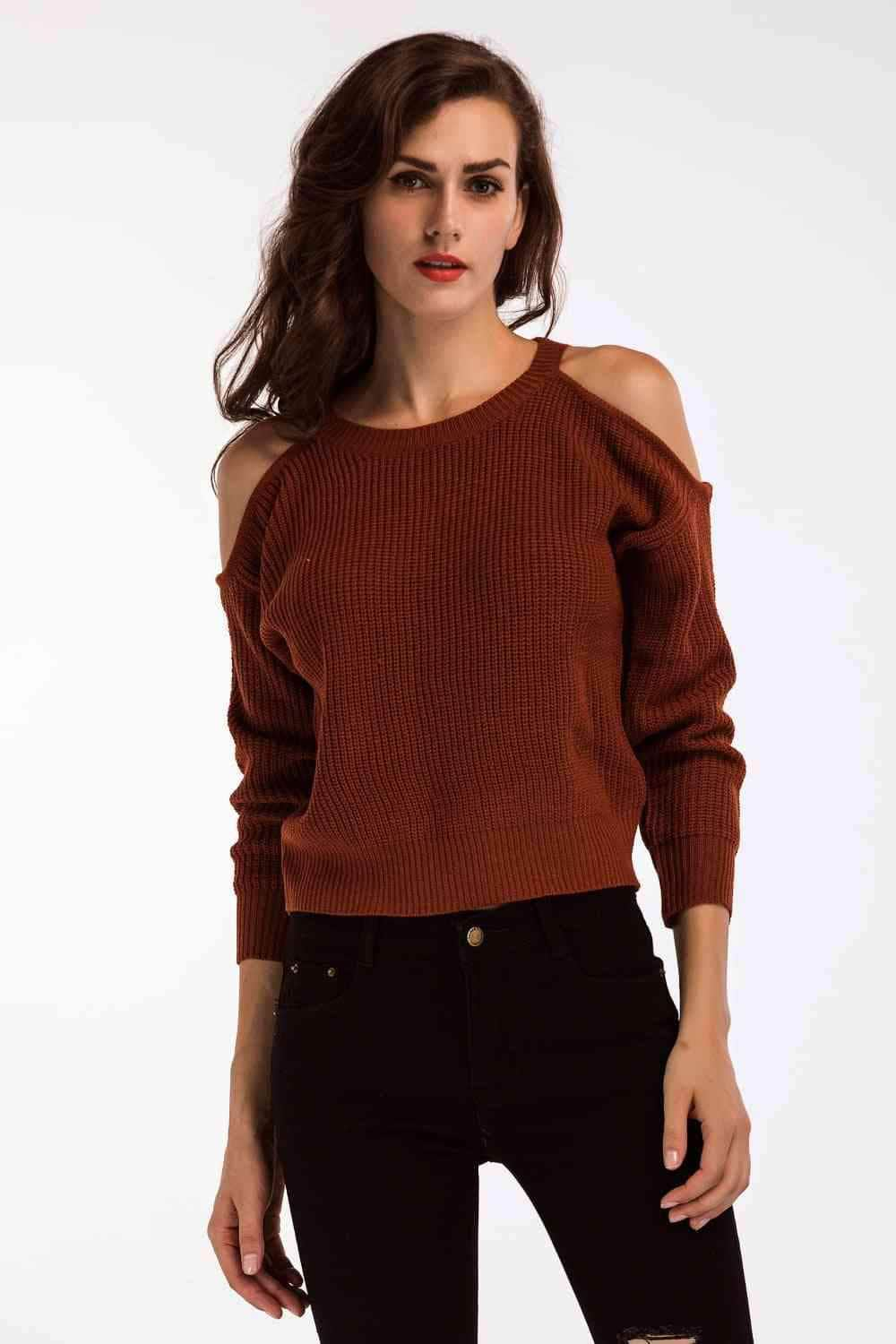 Double Take Round Neck Cold-Shoulder Ribbed Sweater Brick Red / One Size