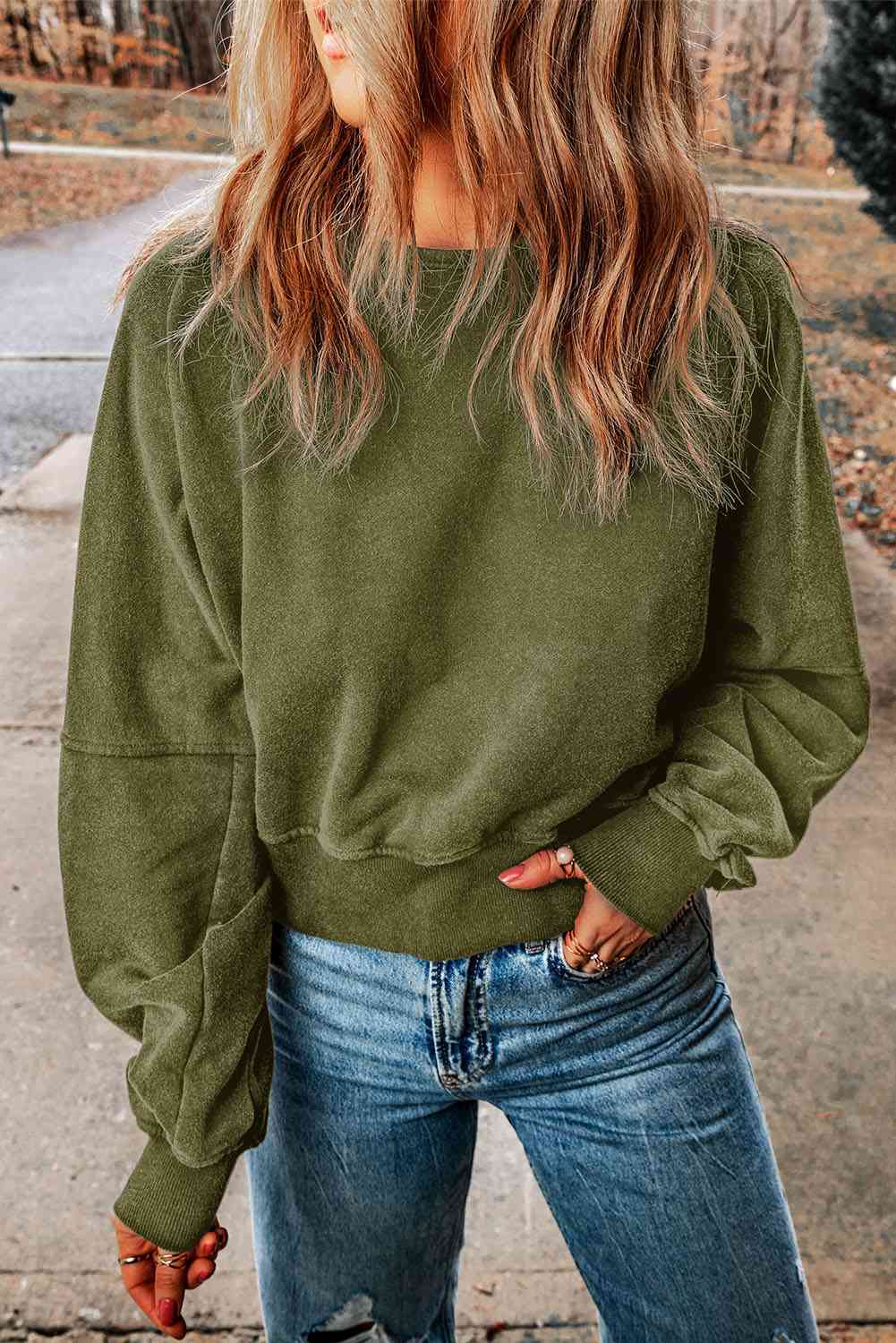 Double Take Round Neck Open Back Sweatshirt Matcha Green / S