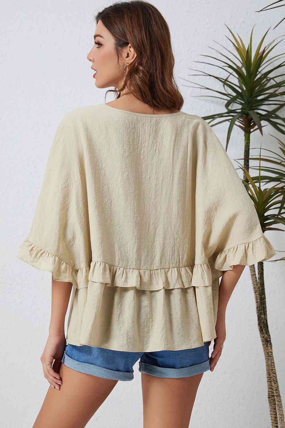 Double Take Ruffled V-Neck Half Sleeve Blouse