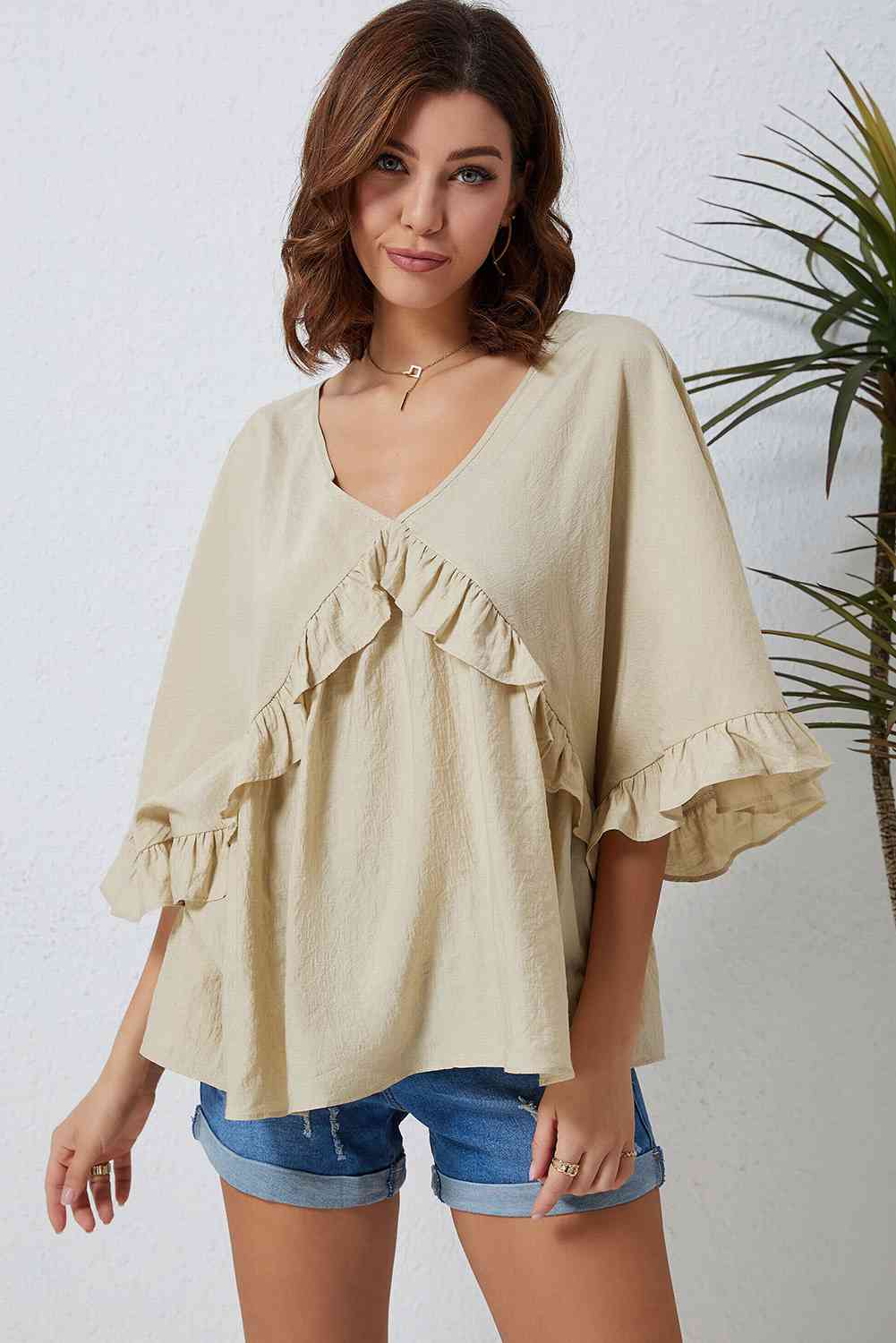 Double Take Ruffled V-Neck Half Sleeve Blouse Beige / S