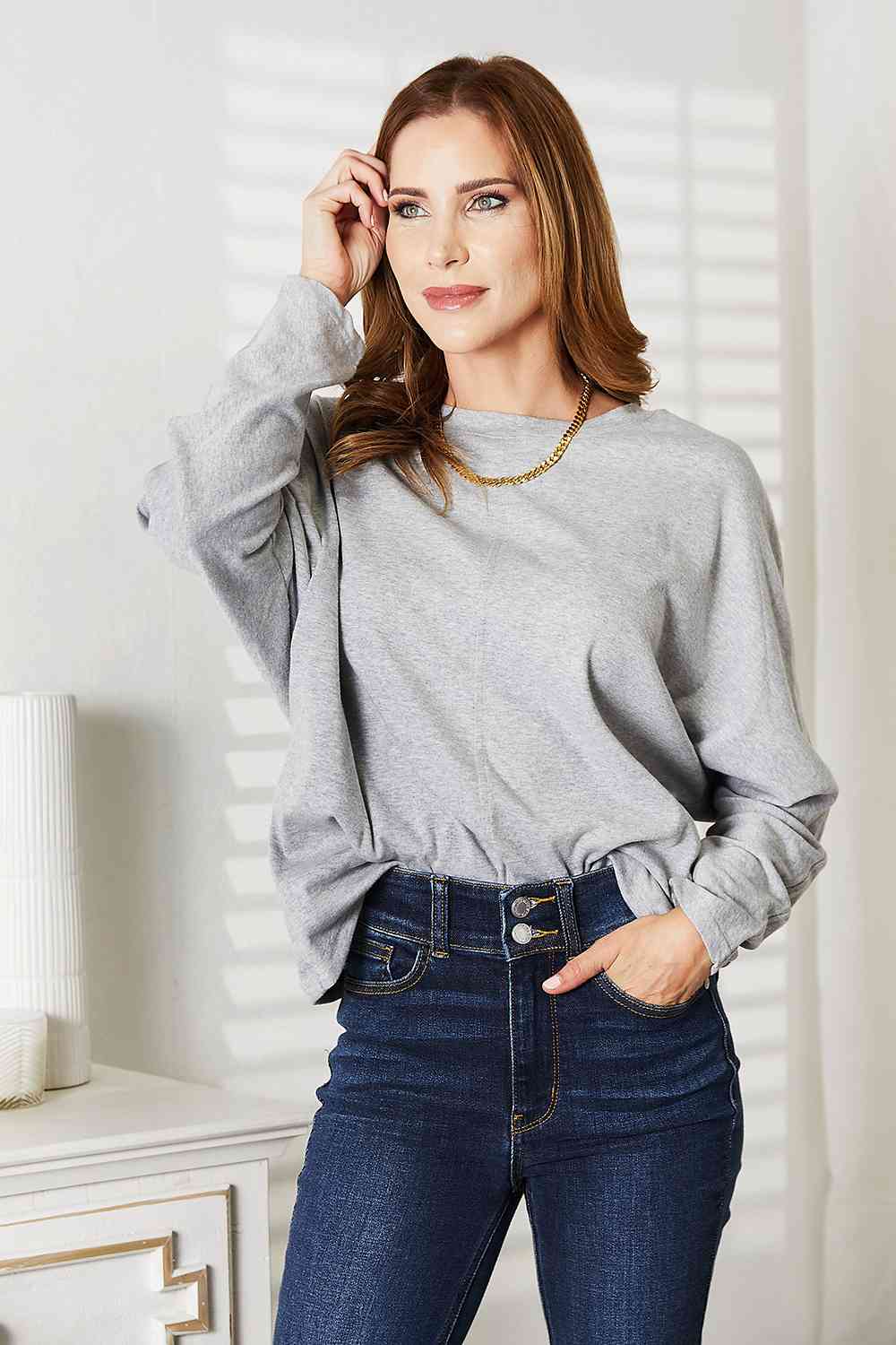 Double Take Seam Detail Round Neck Long Sleeve Top Light Gray / S