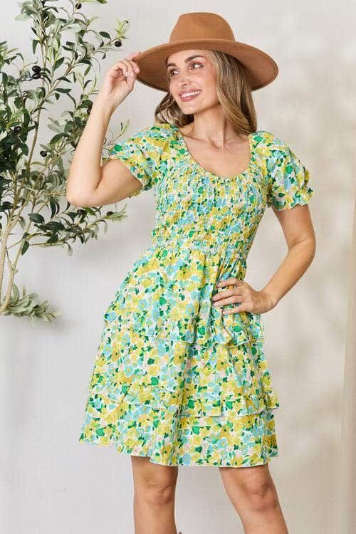 Double Take Smocked Scoop Neck Flounce Sleeve Mini Dress Canary Yellow / S