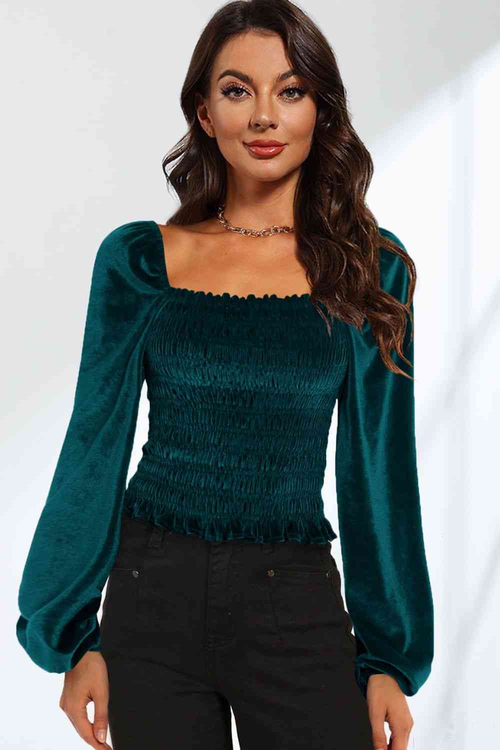 Double Take Smocked Square Neck Long Sleeve Blouse Deep Teal / S