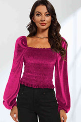 Double Take Smocked Square Neck Long Sleeve Blouse Hot Pink / S