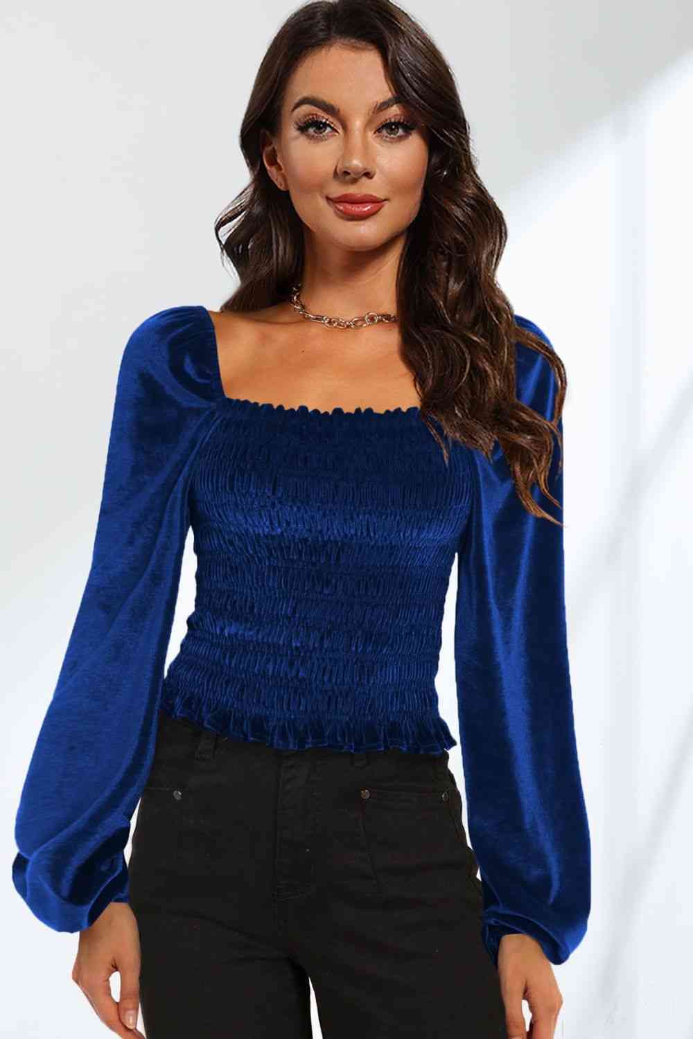 Double Take Smocked Square Neck Long Sleeve Blouse Navy / S