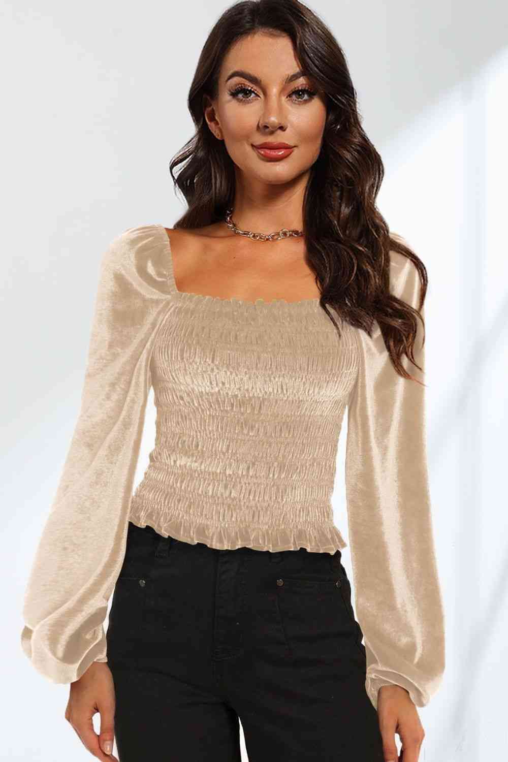 Double Take Smocked Square Neck Long Sleeve Blouse Sand / S