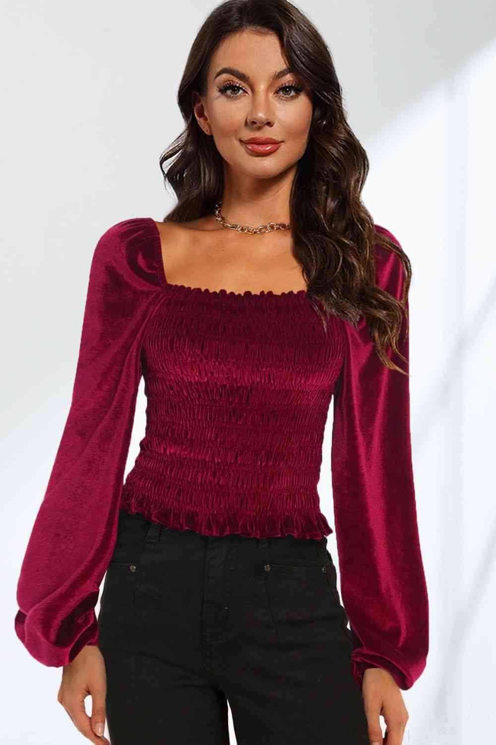 Double Take Smocked Square Neck Long Sleeve Blouse Wine / S