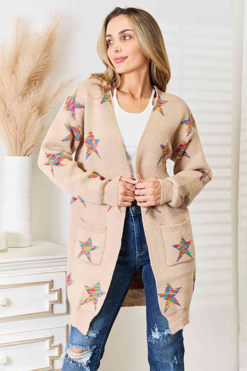 Double Take Star Pattern Open Front Longline Cardigan Mocha / S