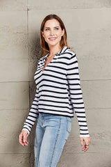 Double Take Striped Johnny Collar Long Sleeve Knit Top