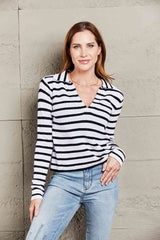 Double Take Striped Johnny Collar Long Sleeve Knit Top Stripe / S