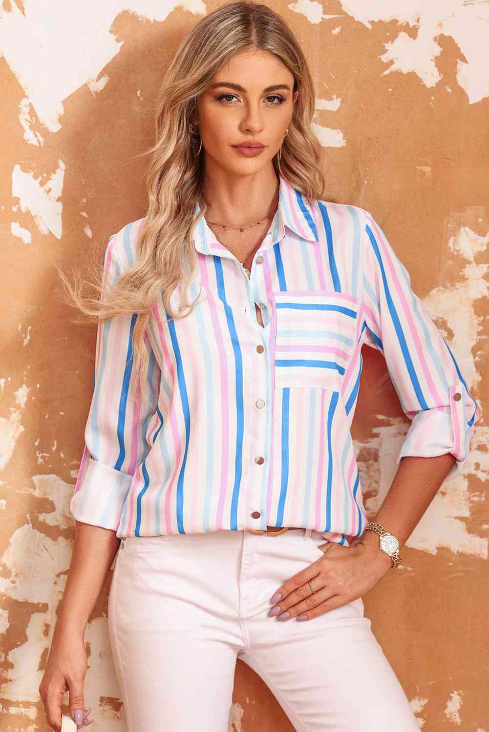 Double Take Striped Long Sleeve Collared Shirt