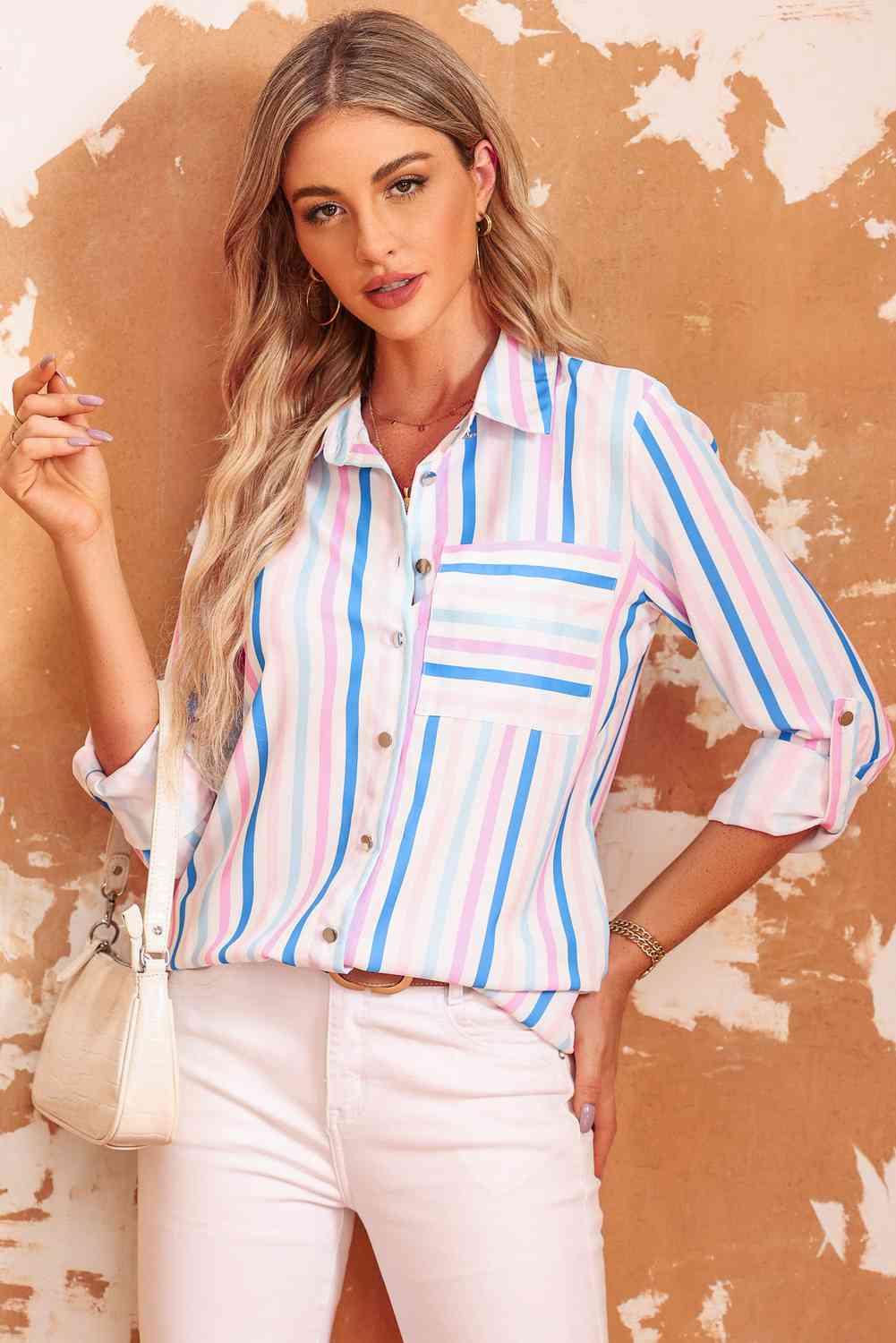 Double Take Striped Long Sleeve Collared Shirt Stripe / S