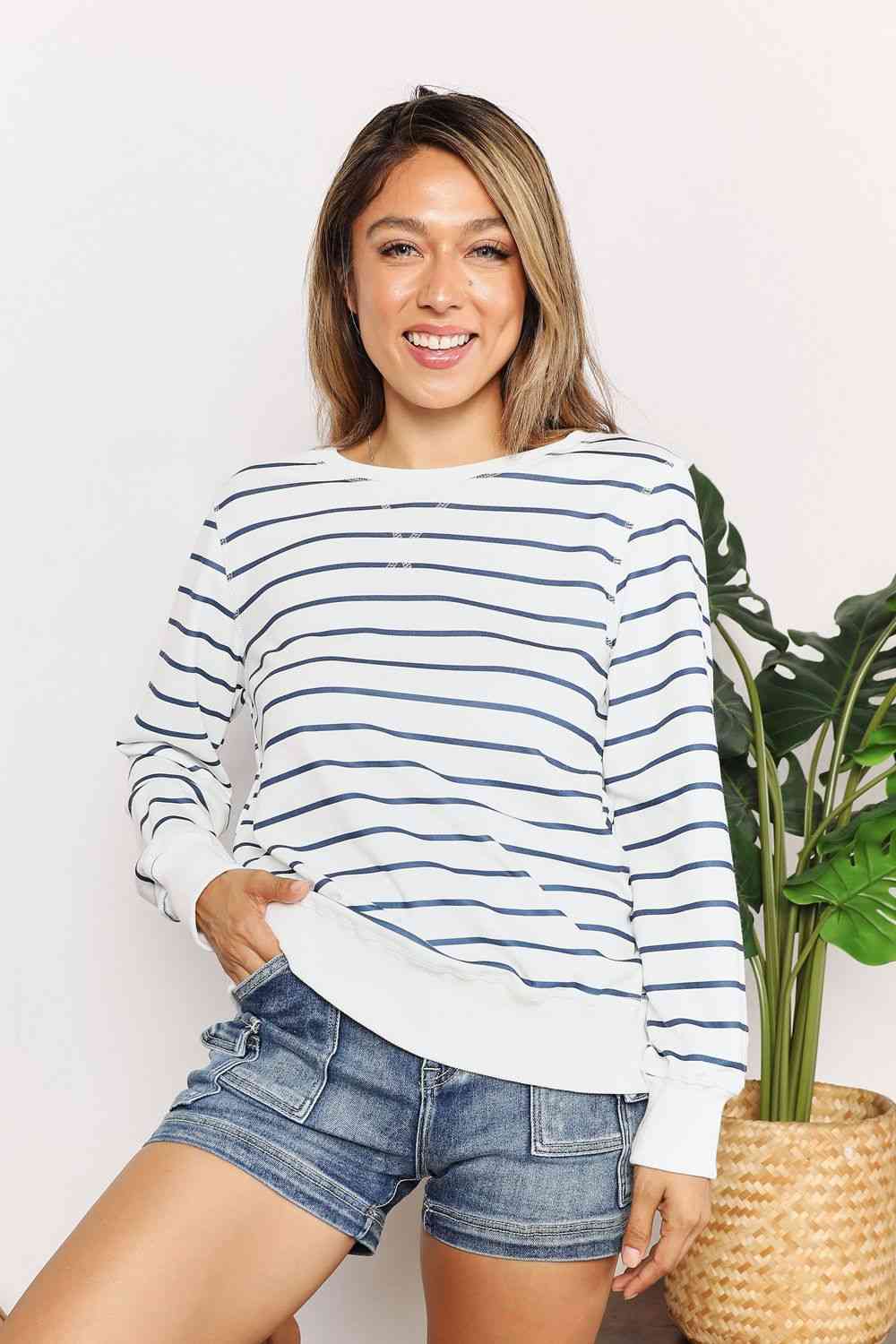 Double Take Striped Long Sleeve Round Neck Top Stripe / S