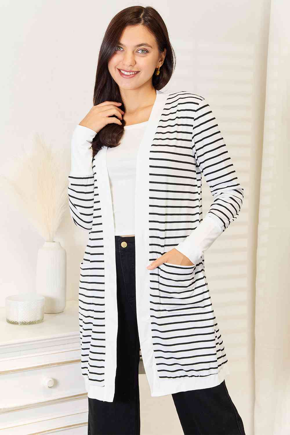 Double Take Striped Open Front Longline Cardigan White / S