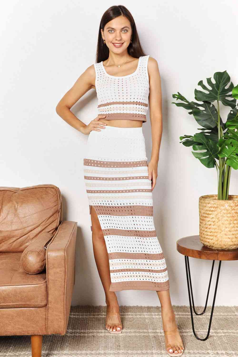 Double Take Striped Openwork Cropped Tank and Split Skirt Set Taupe / S