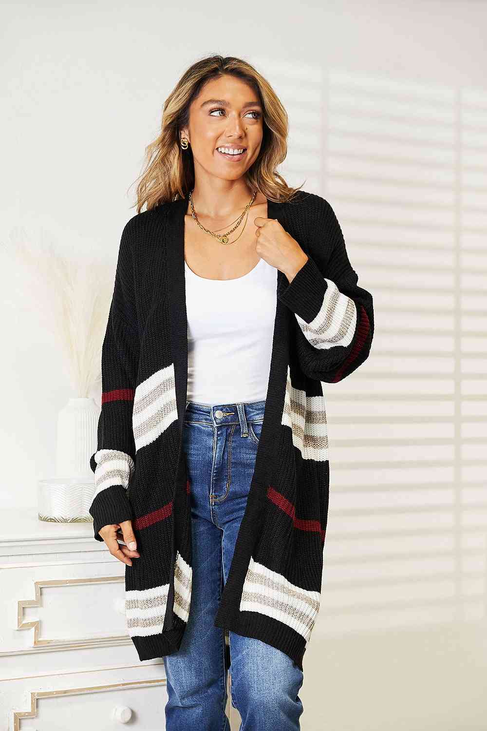 Double Take Striped Rib-Knit Drop Shoulder Open Front Cardigan Black / S