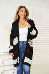 Double Take Striped Rib-Knit Drop Shoulder Open Front Cardigan Black / S