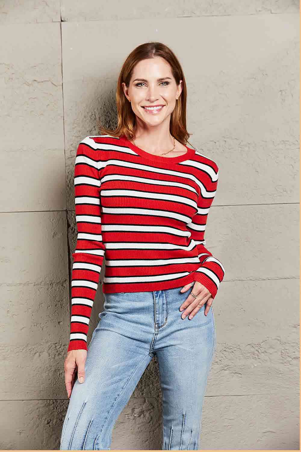 Double Take Striped Round Neck Long Sleeve Top Stripe / S