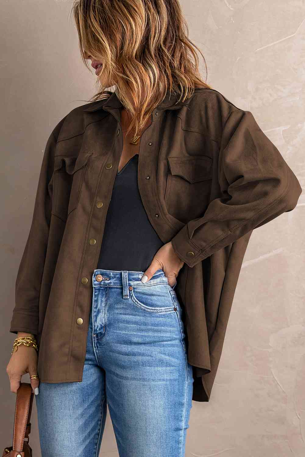 Double Take Suede Snap Front Dropped Shoulder Jacket Brown / S