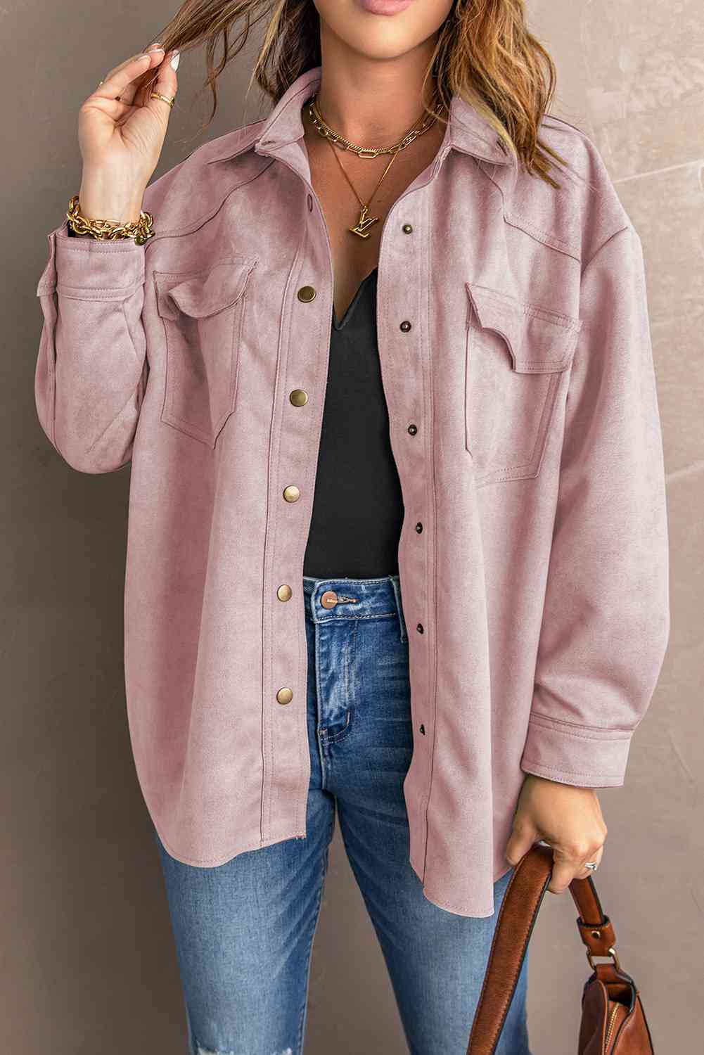 Double Take Suede Snap Front Dropped Shoulder Jacket Pink / M