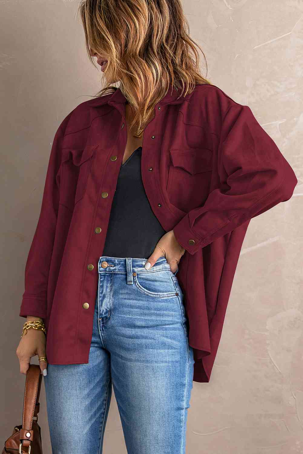 Double Take Suede Snap Front Dropped Shoulder Jacket Red / S