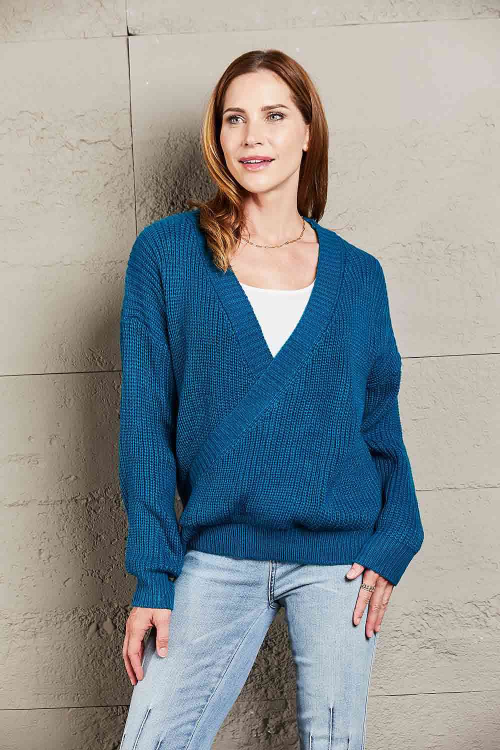 Double Take Surplice Neck Dropped Shoulder Sweater Peacock  Blue / S