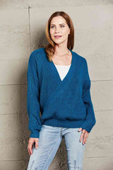 Double Take Surplice Neck Dropped Shoulder Sweater Peacock  Blue / S