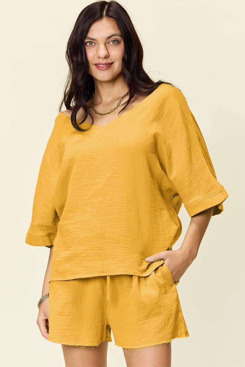 Double Take Texture Half Sleeve T-Shirt and Drawstring Shorts Set Mustard / S