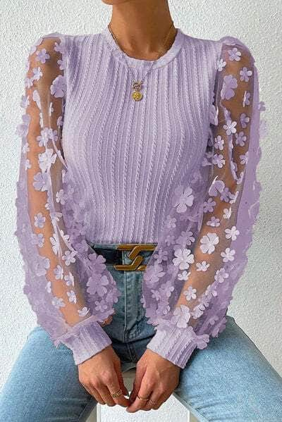 Double Take Textured Applique Long Sleeve Blouse Lavender / S