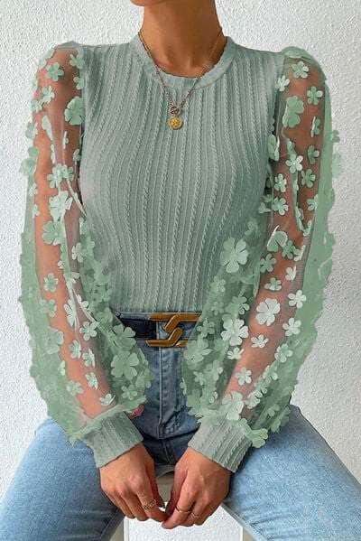 Double Take Textured Applique Long Sleeve Blouse Sage / S