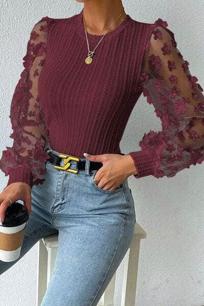 Double Take Textured Applique Long Sleeve Blouse Wine / S