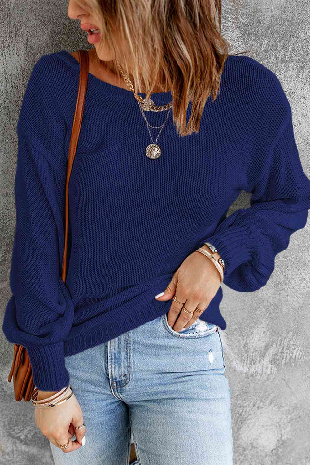 Double Take Tied Balloon Sleeve Round Neck Sweater Blue / S