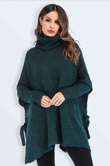 Double Take Tied Turtleneck Asymmetrical Hem Sweater Green / S-M