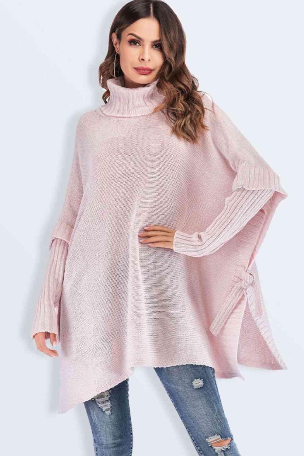 Double Take Tied Turtleneck Asymmetrical Hem Sweater Pink / S-M