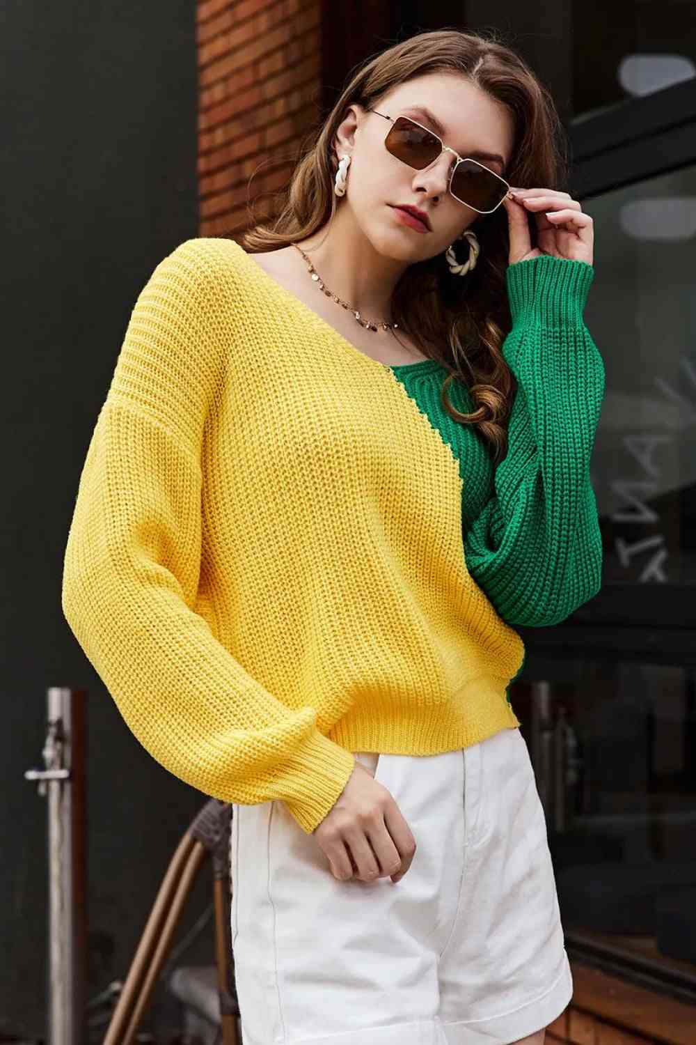 Double Take Two-Tone V-Neck Twisted Sweater