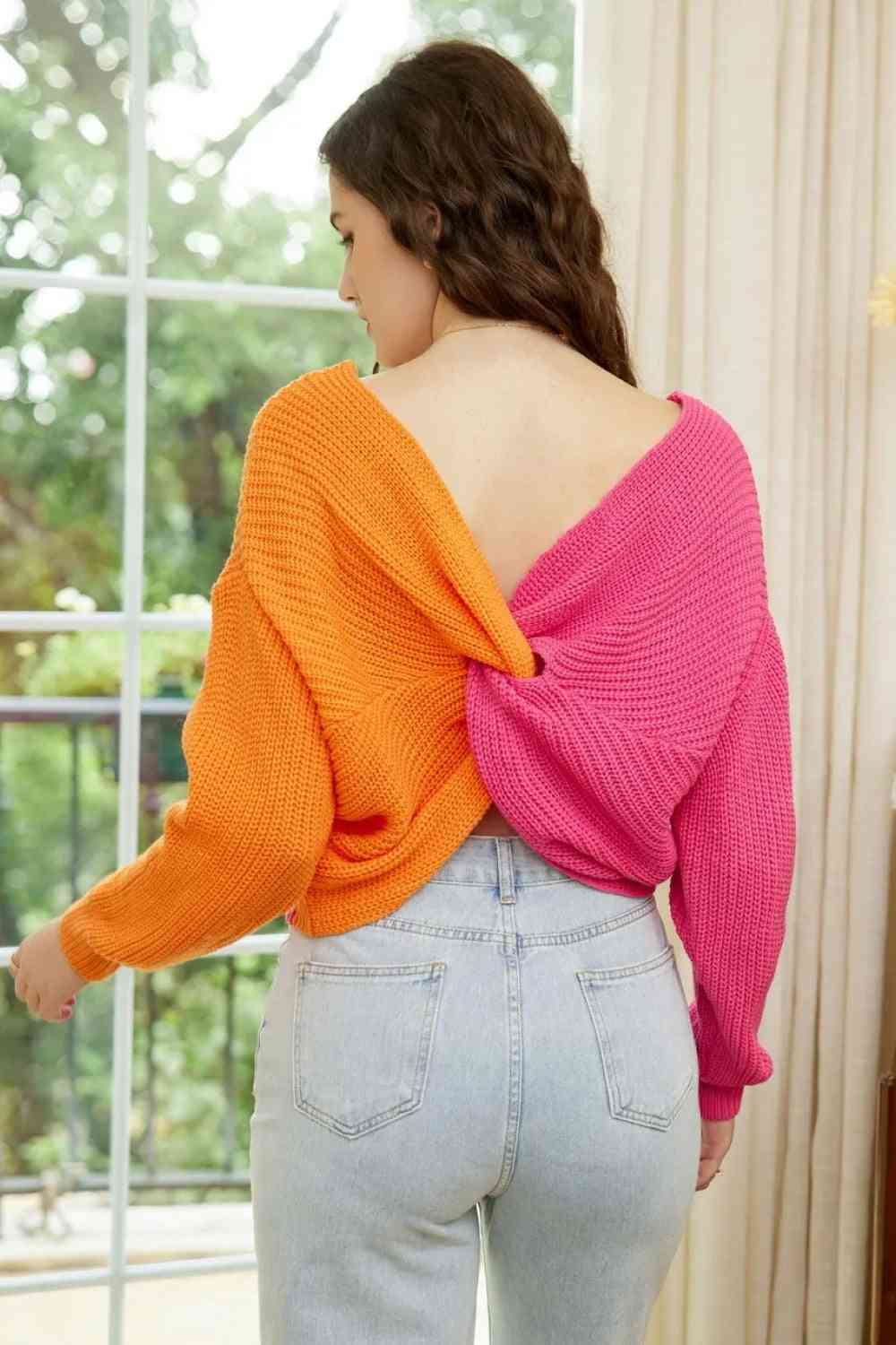 Double Take Two-Tone V-Neck Twisted Sweater Tangerine / S