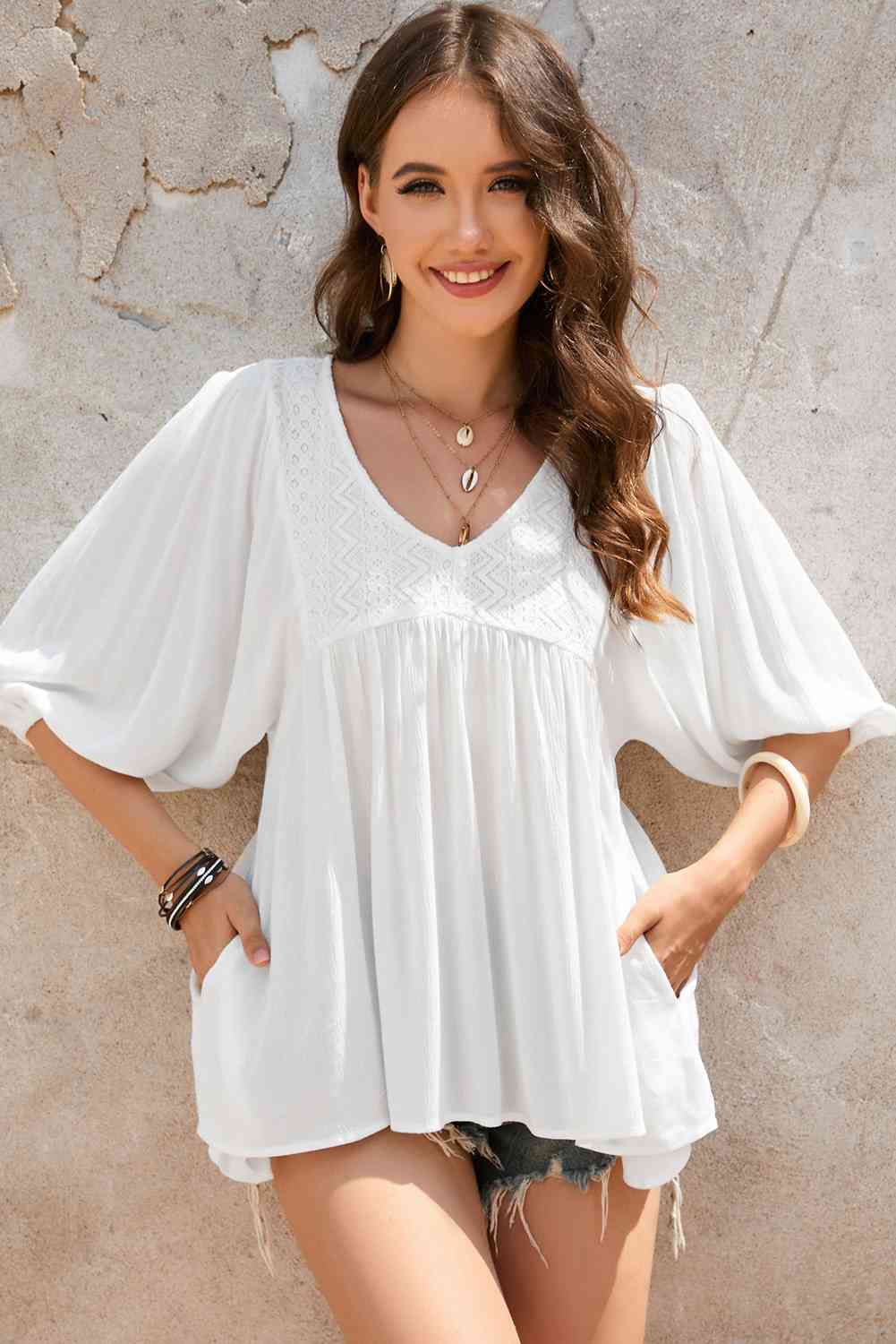 Double Take V-Neck Half Sleeve Blouse with Pockets White / S