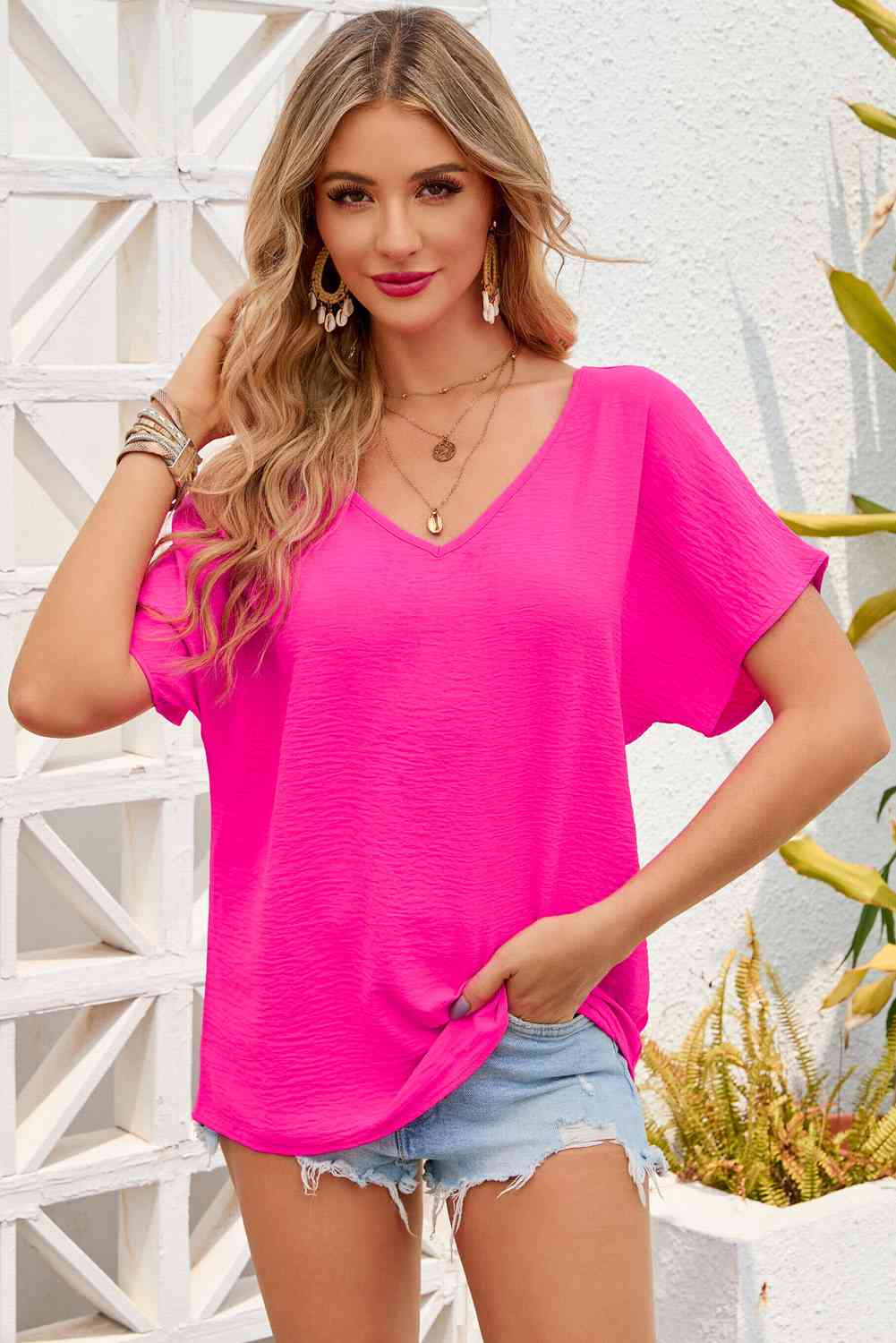 Double Take V-Neck Short Sleeve Top Hot Pink / S